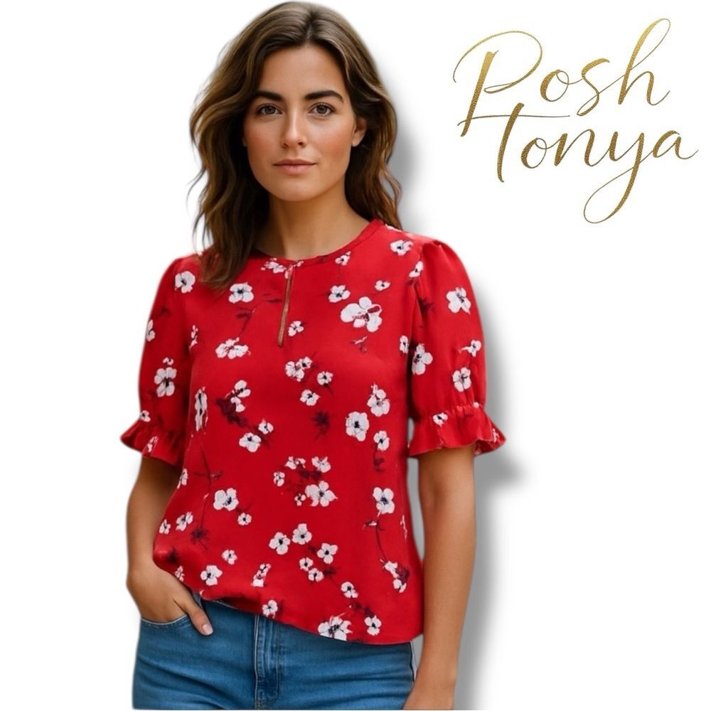 Karl Lagerfeld Red Floral Short Sleeve Blouse Size S Parisian Chic